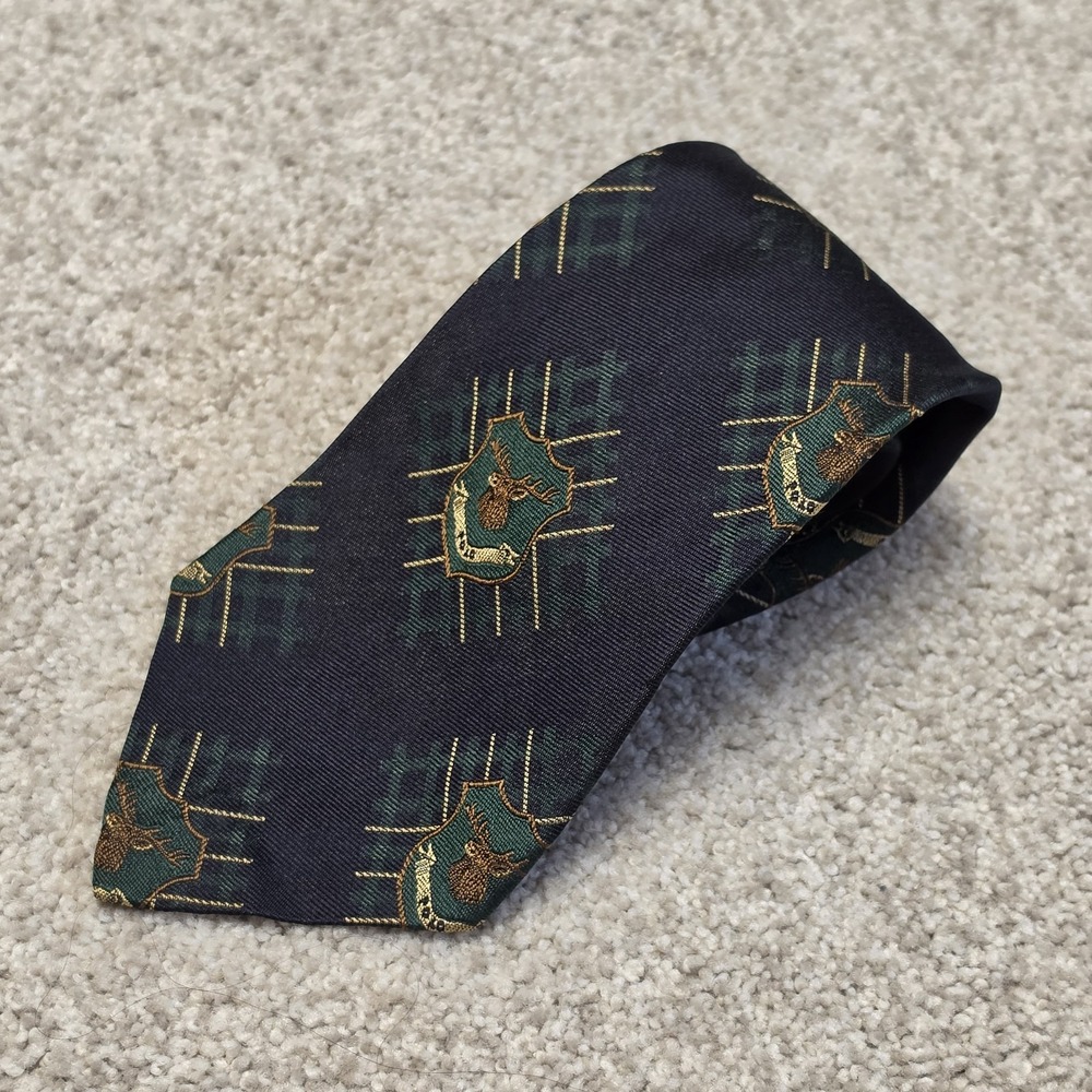 VTG Polo Ralph Lauren Silk Tie Navy Green Deer Crest Hunting Novelty Made in USA